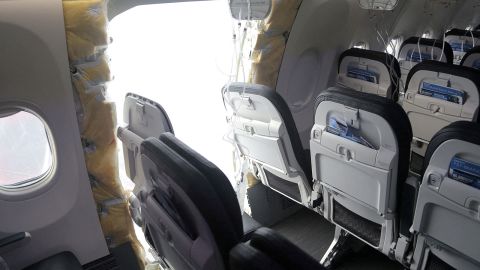 FILE PHOTO: The fuselage plug area of Alaska Airlines Flight 1282 Boeing 737-9 MAX, which was forced to make an emergency landing with a gap in the fuselage, is seen during its investigation by the National Transportation Safety Board (NTSB) in Portland, Oregon, U.S. January 7, 2024.  NTSB/Handout via REUTERS./File Photo