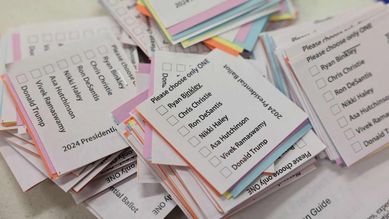 Ballots for candidates are pictured at the Mineola Community Center before the caucus vote in Mineola, Iowa, on Monday.