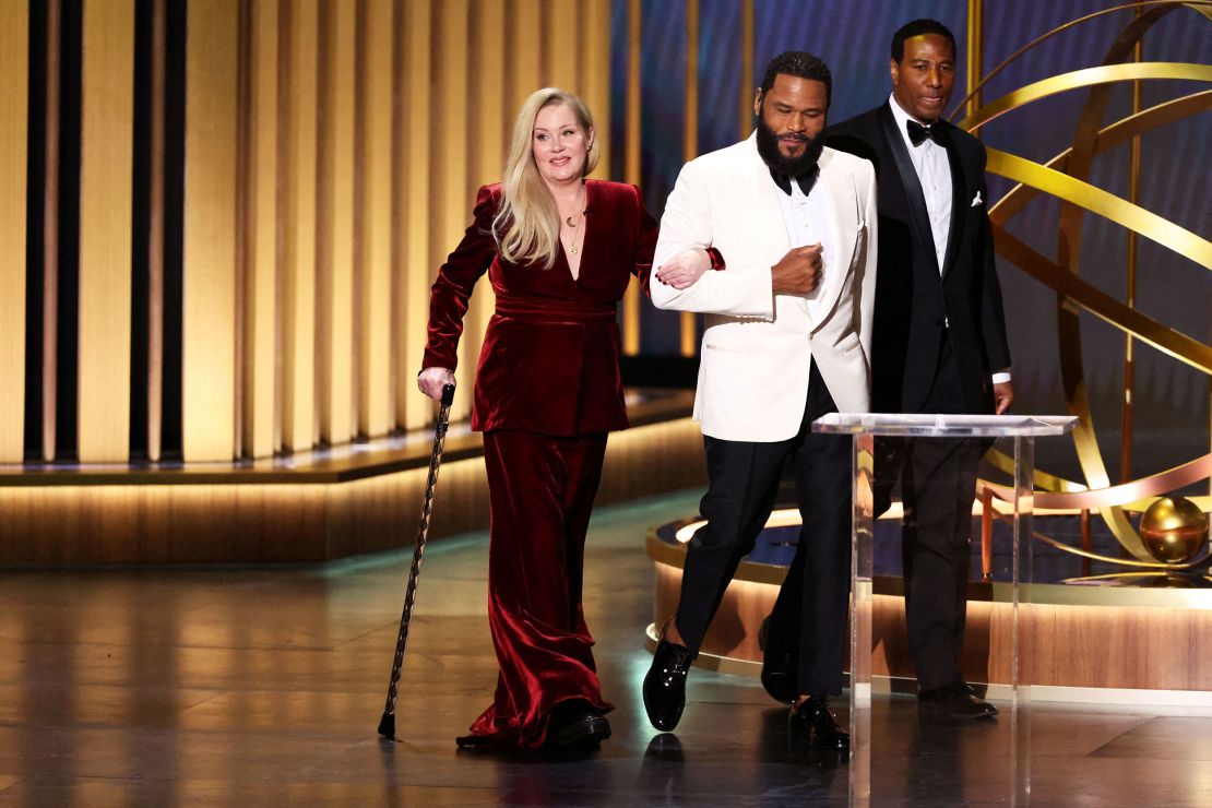 (From left) Christina Applegate and Anthony Anderson at the 75th Primetime Emmy Awards in Los Angeles in January.