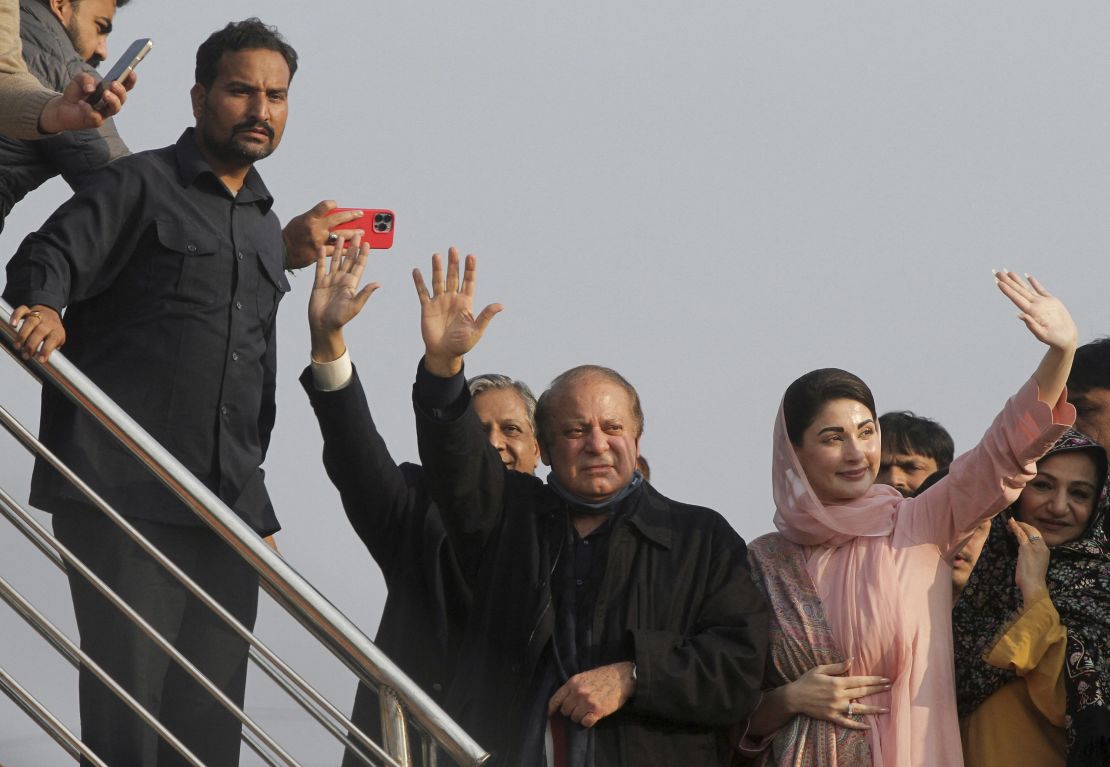 Pakistan's former Prime Minister Nawaz Sharif and his daughter Maryam Nawaz Sharif during an election campaign event in Hafizabad on January 18, 2024.