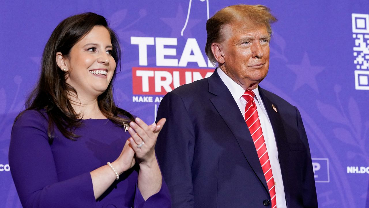 Republican presidential candidate Donald Trump, former President and Rep. Elise Stefanik attend a rally ahead of the New Hampshire primary election in Concord, New Hampshire, on January 19, 2024.
