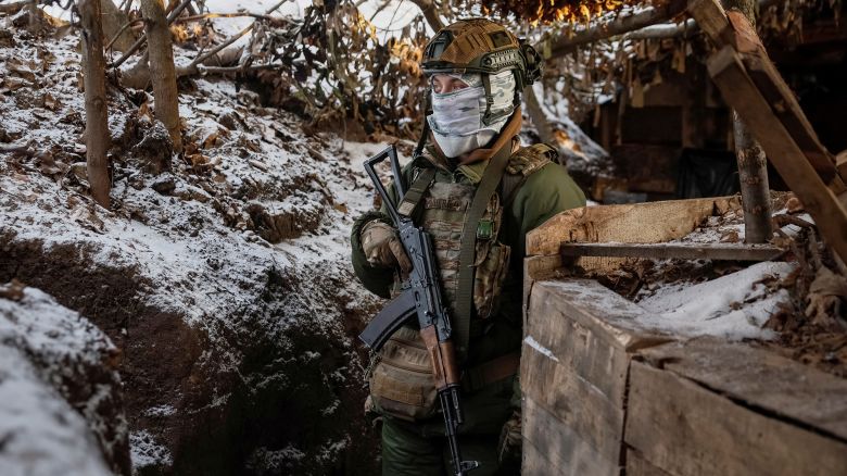 A Ukrainian serviceman stands at his position in a trench at a front line on the border with Russia, amid Russia's attack on Ukraine, in Sumy region, Ukraine January 20, 2024. REUTERS/Gleb Garanich