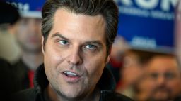 Former US Rep. Matt Gaetz, a Republican from Florida, greets supporters in Manchester, New Hampshire on January 21, 2024.