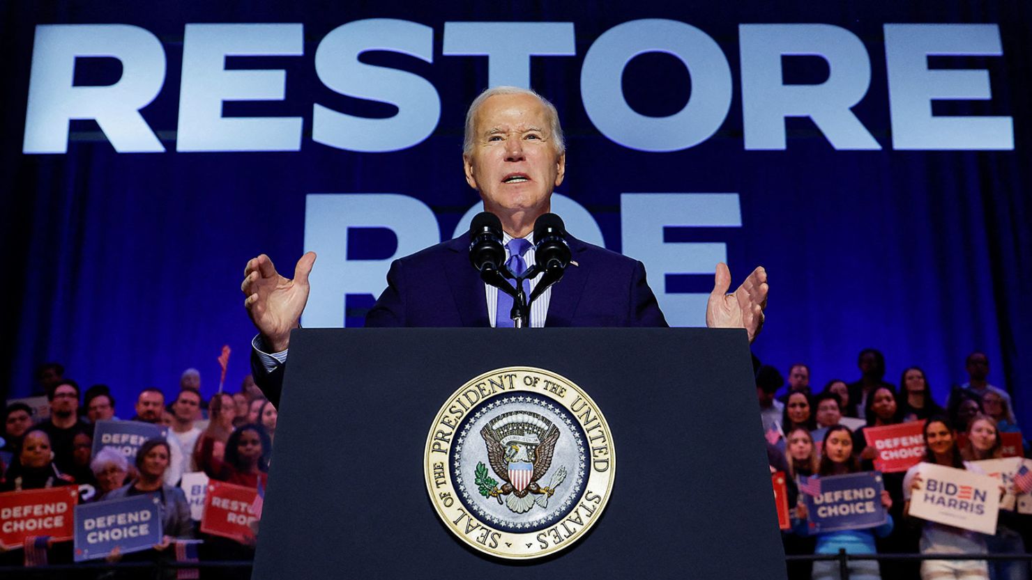 U.S. President Joe Biden delivers remarks, during a campaign event focusing on abortion rights at the Hylton Performing Arts Center, in Manassas, Virginia, U.S., January 23, 2024.