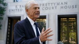 Peter Navarro arrives for opening arguments in his trial on contempt of Congress charges for refusing to cooperate with the House of Representatives committee investigating the January 6, 2021 attack on the US Capitol at US District Court in Washington, DC, in September 2023.