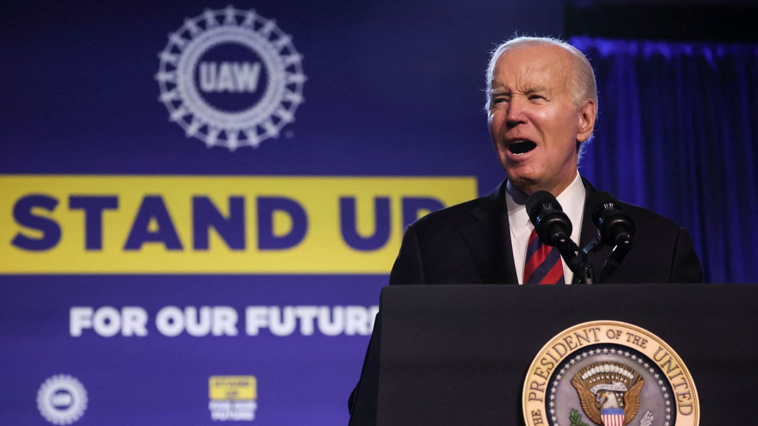 President Joe Biden speaks to United Auto Workers members at the UAW's Community Action Program legislative conference in Washington, DC, on January 24.