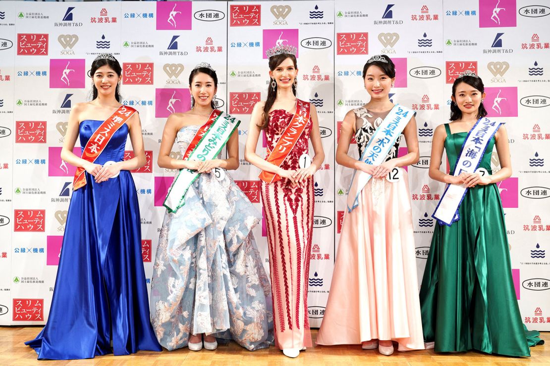 Karolina Shiino (center), the winner of Miss Nippon 2024, poses with other contestants at the pageant in Tokyo, Japan, on Jan, 22, 2024.