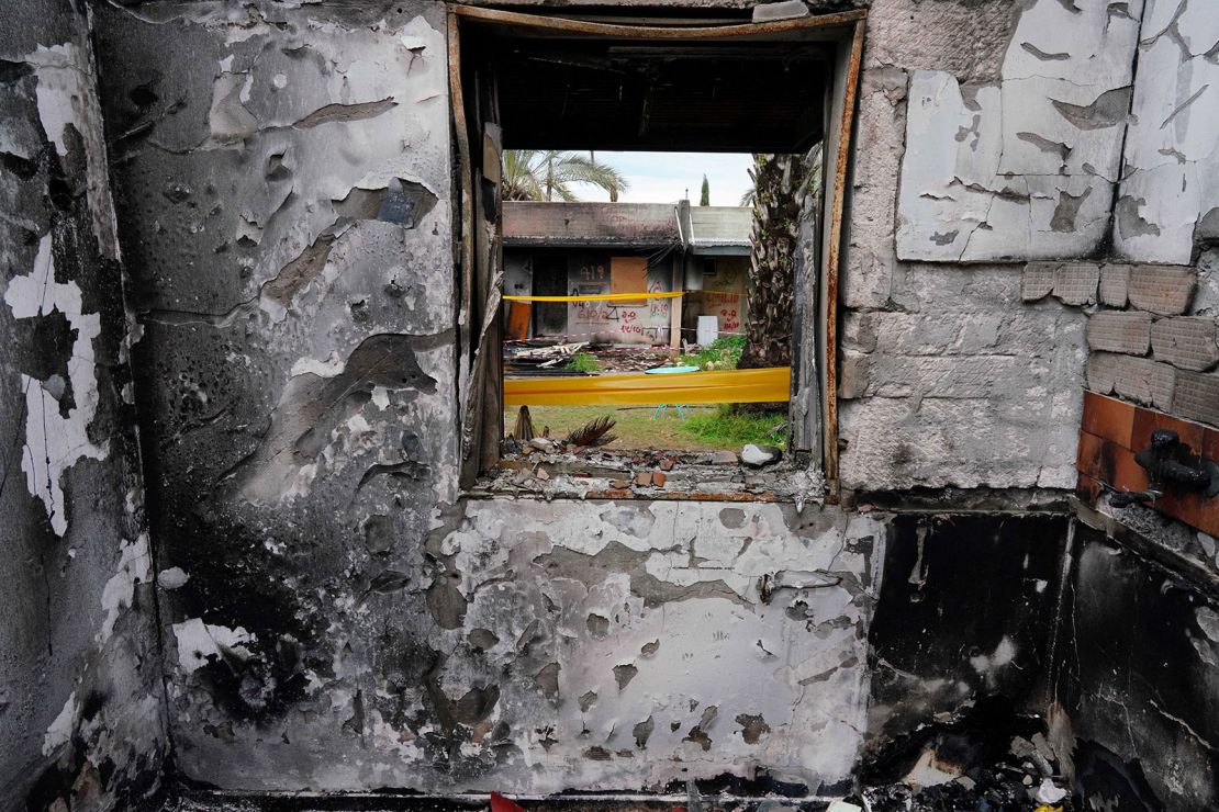 A view from inside the destroyed house of released hostage Amit Soussana, kidnapped during the deadly October 7 attack by Palestinian Islamist group Hamas, at the Kibbutz Kfar Aza in Israel on January 29, 2024.