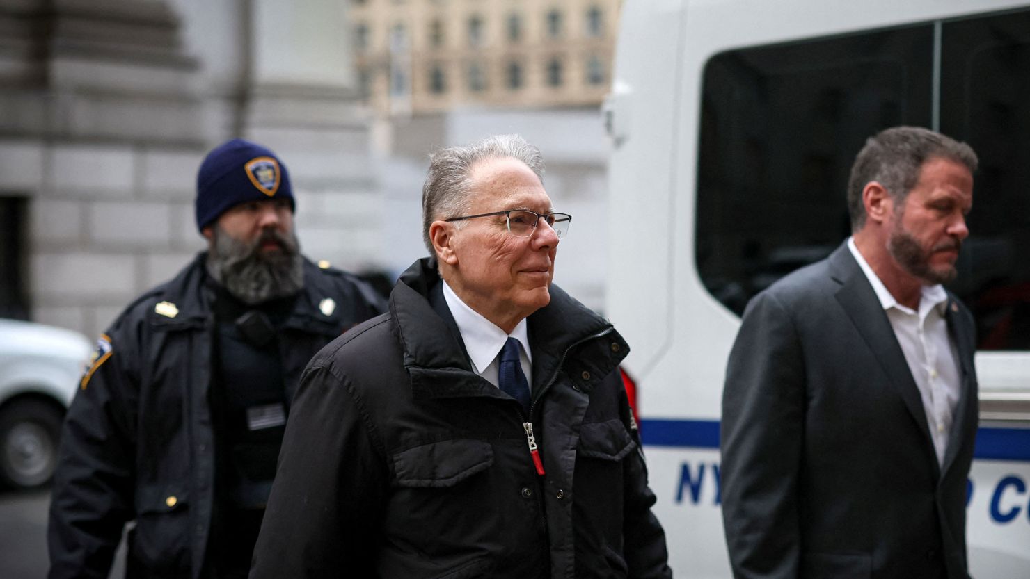 Wayne LaPierre, outgoing CEO of the National Rifle Association, arrives at New York State Supreme Court for a civil corruption trial in New York City on Monday.