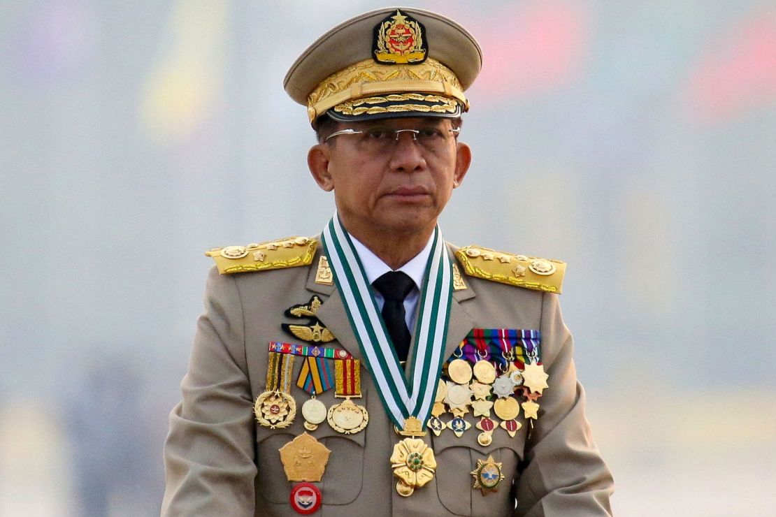 Myanmar's junta chief Sen. Gen. Min Aung Hlaing, who ousted the elected government in 2021, presides at an army parade on Armed Forces Day in Naypyidaw on March 27, 2021.