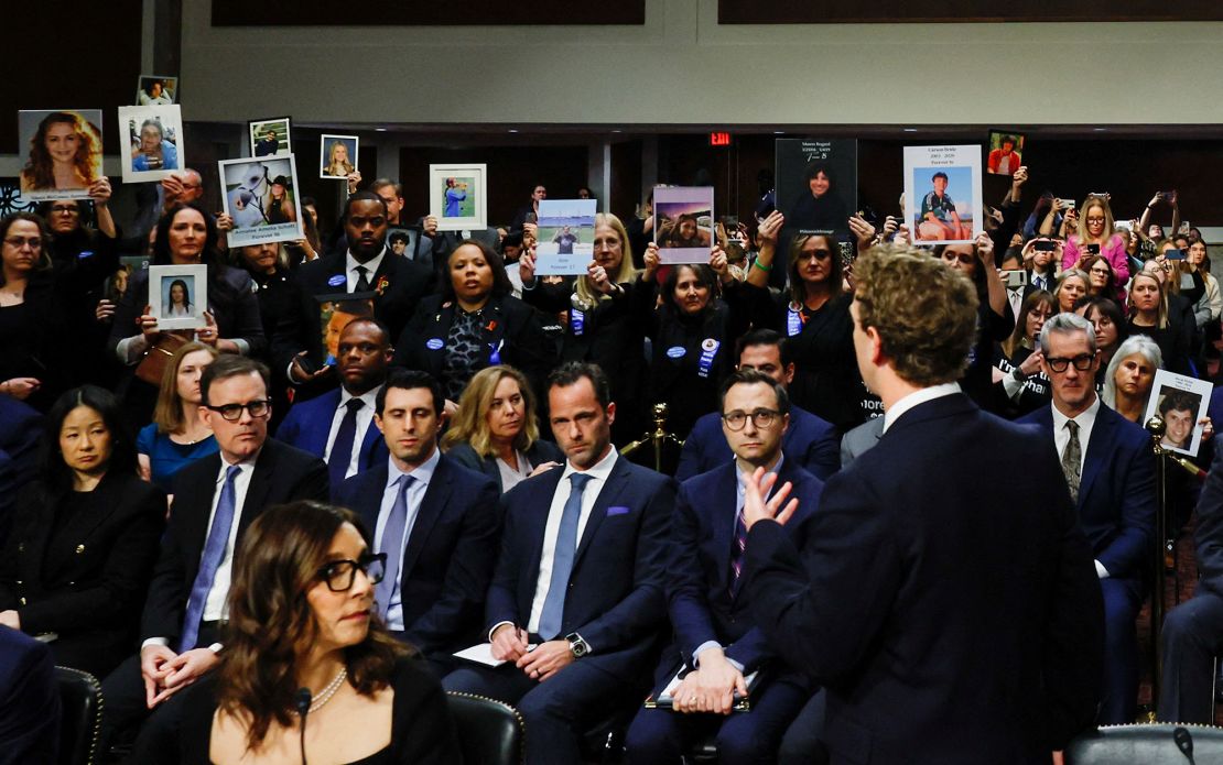 Meta's CEO Mark Zuckerberg stands and apologizes to families harmed by social media during testimony before the Senate Judiciary Committee on January 31, 2024.