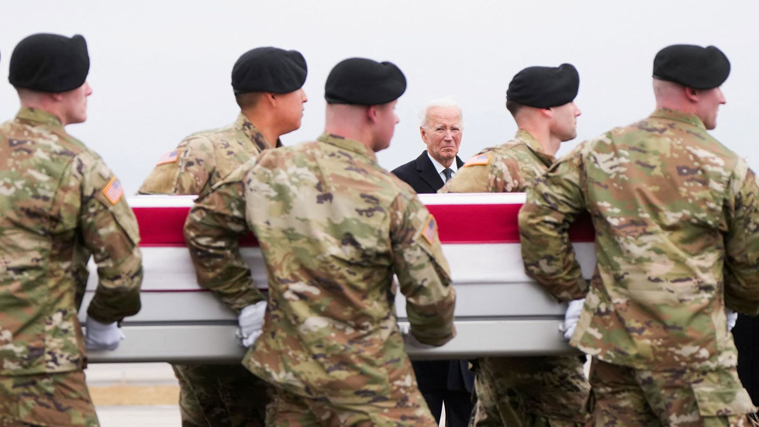 President Joe Biden and Secretary of Defense Lloyd J. Austin III attend the dignified transfer of the remains of Army Reserve Sergeants William Rivers, Kennedy Sanders and Breonna Moffett at Dover Air Force Base in Dover, Delaware, on February 2.