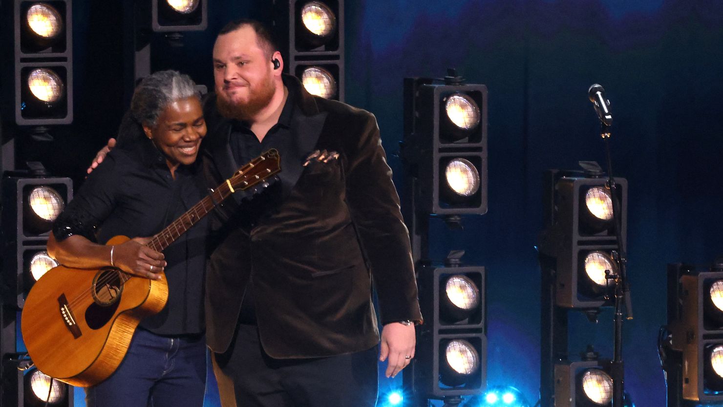 Tracy Chapman and Luke Combs embrace after performing during the 66th Annual Grammy Awards on February 4, 2024.