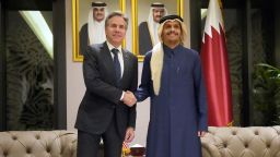 U.S. Secretary of State Antony Blinken shakes hands with Qatar's Prime Minister and Foreign Affairs Minister Mohammed Bin Abdulrahman Al Thani, at Diwan Annex, in Doha, Qatar, Tuesday, Feb. 6, 2024.     Mark Schiefelbein/Pool via REUTERS