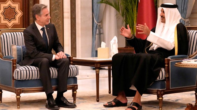 U.S. Secretary of State Antony Blinken meets with Qatar's Emir Sheikh Tamim bin Hamad Al Thani at Lusail Palace, in Doha, Qatar, Tuesday, Feb. 6, 2024. Mark Schiefelbein/Pool via REUTERS