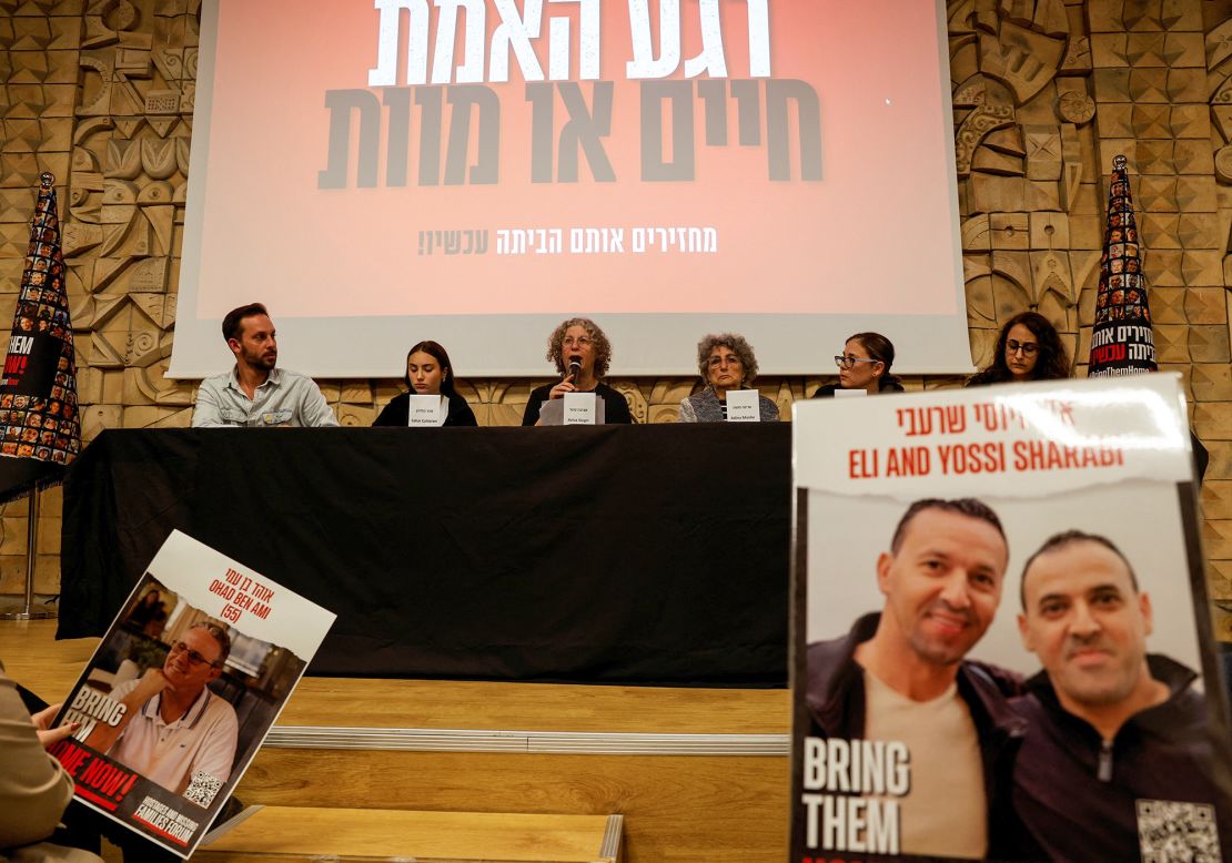 Hostages released from Hamas captivity in Gaza, from second left, Sahar Kalderon, Aviva Siegel, Adina Moshe, Nili Margalit and Sharon Aloni Cunio, attend a press conference in Tel Aviv on February 7, 2024.