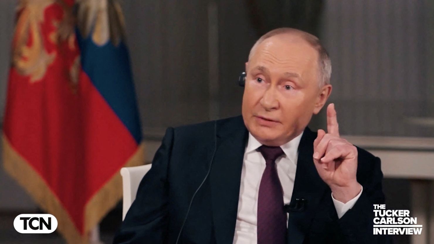 Russian President Vladimir Putin speaks during an interview with US television host Tucker Carlson in Moscow, Russia, on February 6, 2024, in this still image taken from video released on February 8