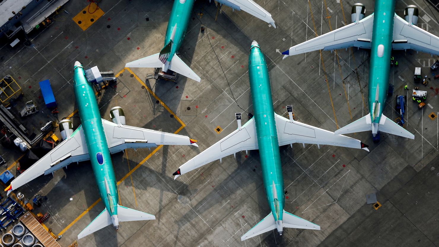 A 2019 aerial photo shows Boeing 737 MAX airplanes parked on the tarmac at the Boeing Factory in Renton, Washington.