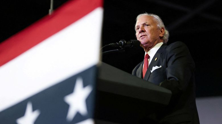 South Carolina Governor Henry McMaster speaks at a campaign rally for Donald Trump at Coastal Carolina University in Conway, South Carolina, on February 10, 2024.