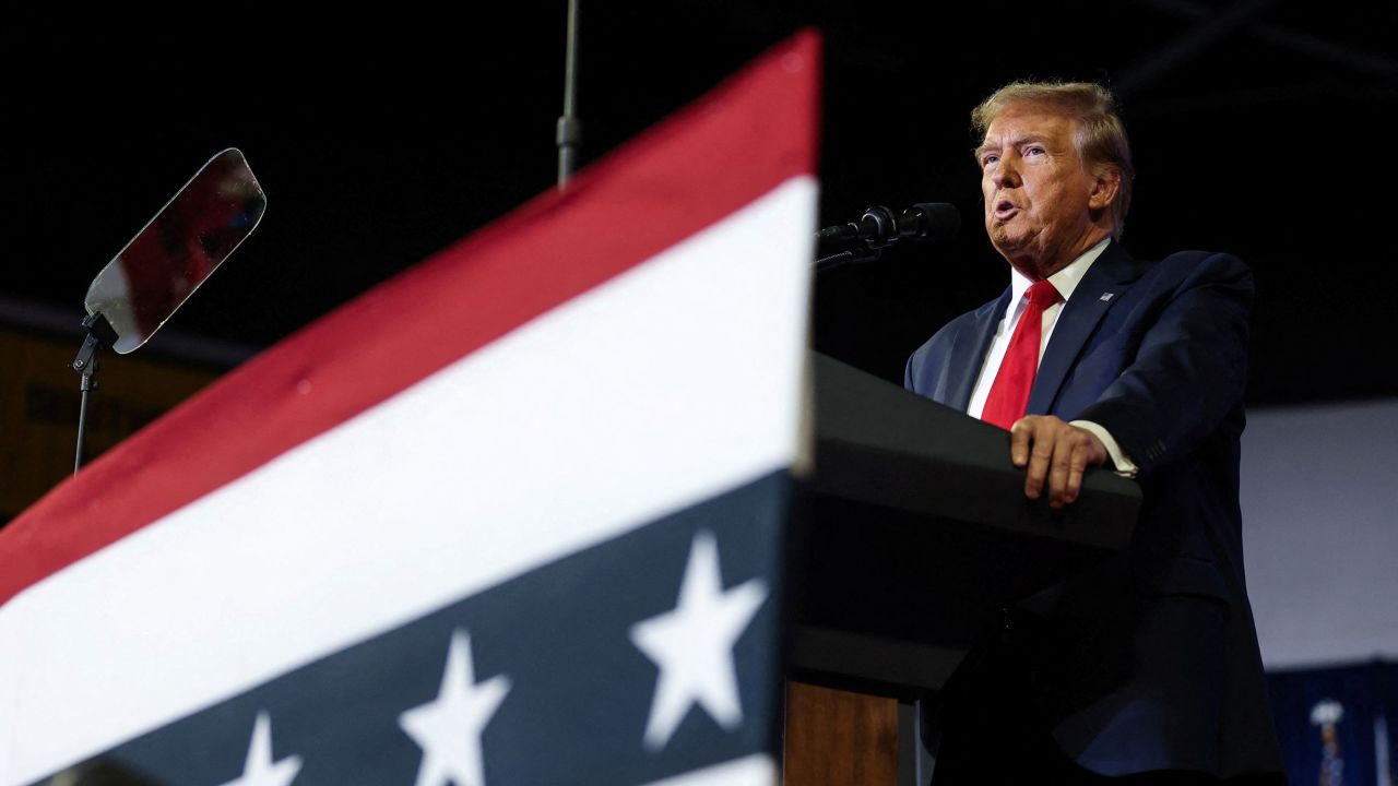 Former President Donald Trump speaks as he holds a campaign rally at Coastal Carolina University ahead of the South Carolina Republican presidential primary in Conway, South Carolina, on February 10.