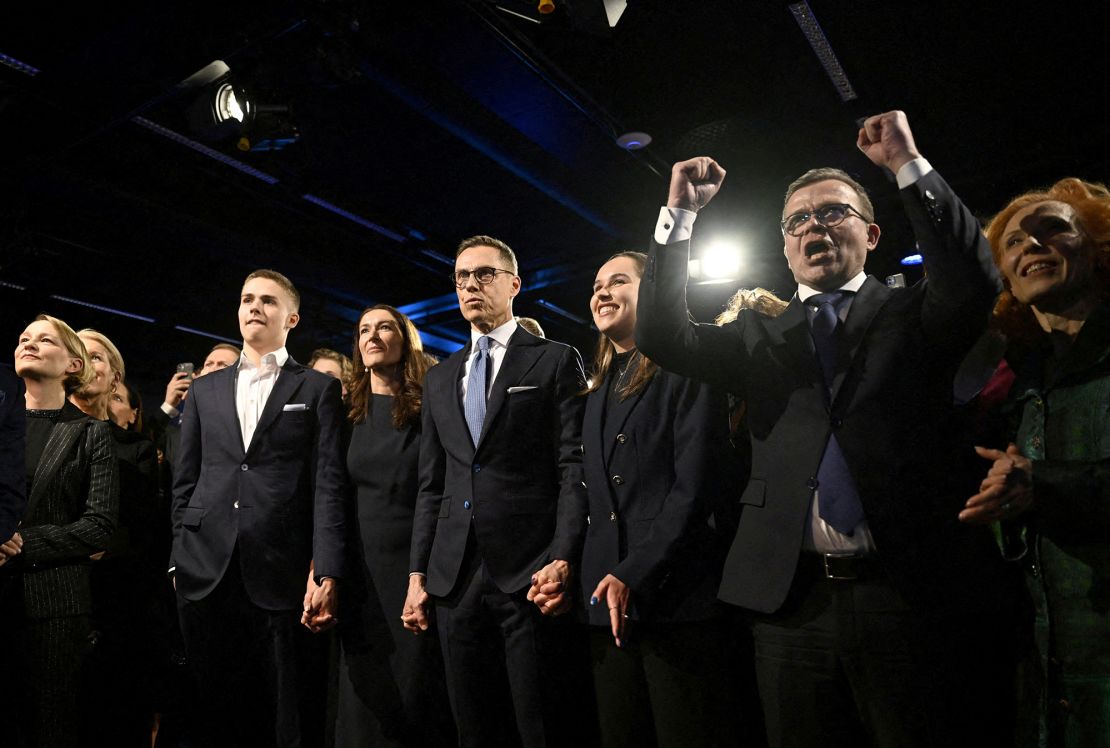 National Coalition Party (NCP) Presidential candidate Alexander Stubb, center, reacts to the results of the advance votes at his election reception in Helsinki, Finland, February 11, 2024.
