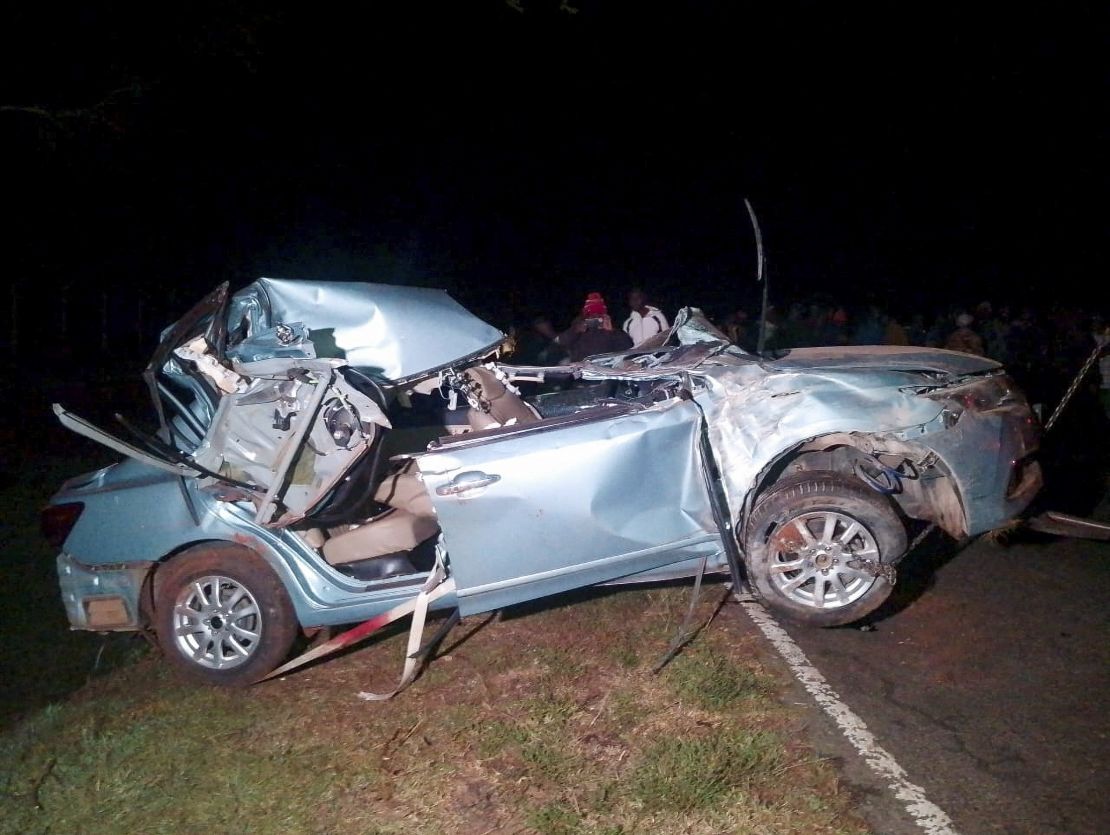 The wreckage of the vehicle in which Kenya's marathon world record holder Kelvin Kiptum and his coach were killed in a traffic accident near the Rift Valley town of Eldoret, Kenya on February 12.