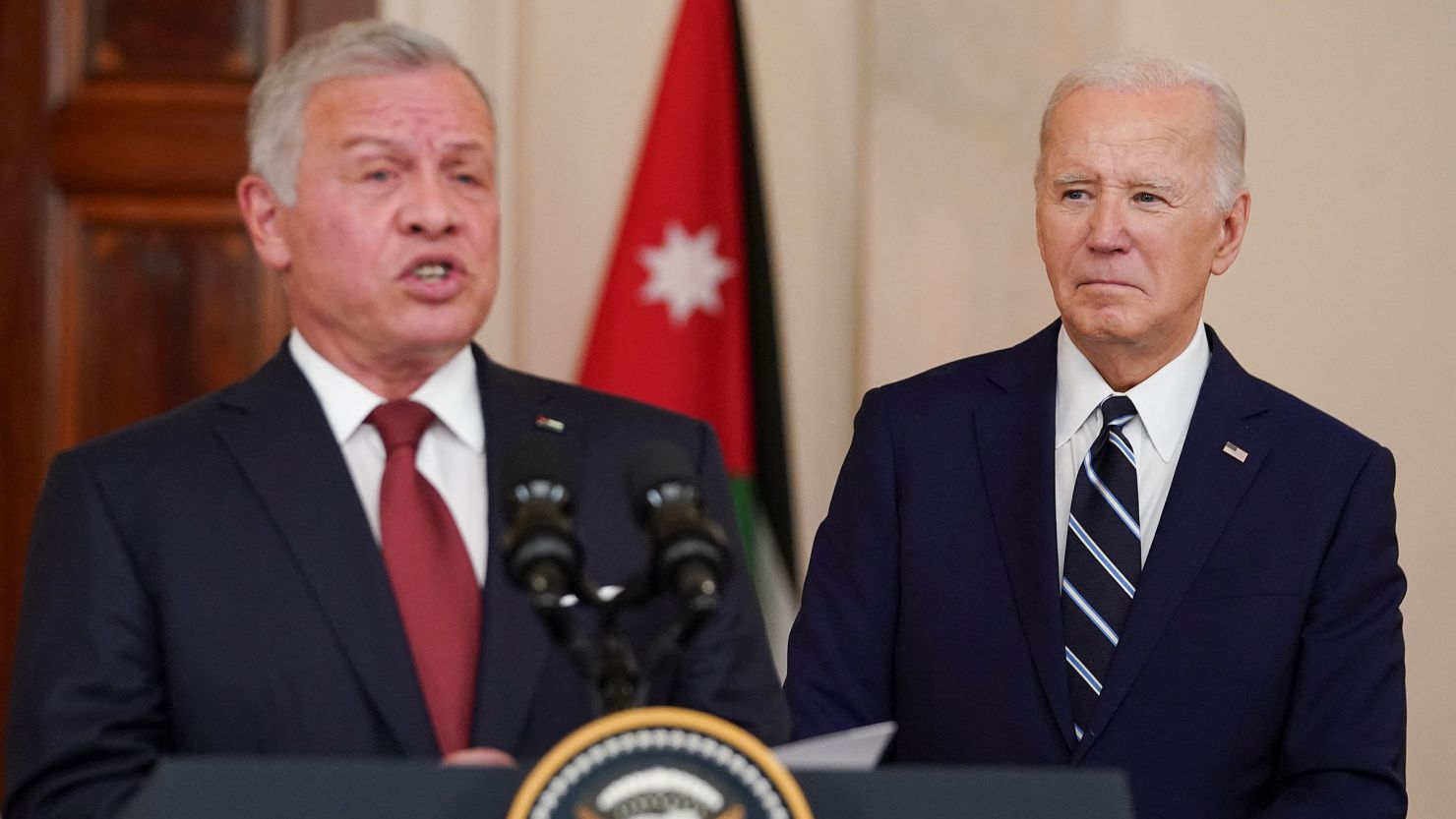 President Joe Biden watches as Jordan's King Abdullah delivers following their meeting at the White House in Washington, DC, on February 12.
