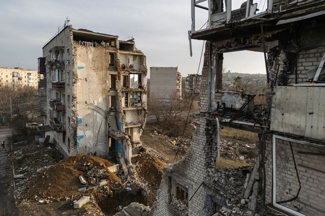 A residential building is in ruins following a Russian missile strike in Ukraine's Kharkiv region in this photo from February 14.