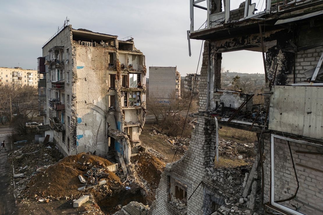 This Feb. 14 photo shows a residential building in ruins after a Russian missile attack in Ukraine's Kharkiv region.