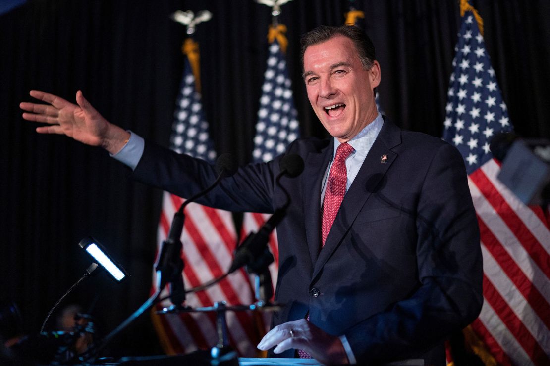 Tom Suozzi delivers his victory speech during his election night party, following a special election to fill the vacancy created by Republican George Santos' ouster from Congress, in Woodbury, New York, on Tuesday, February 13.