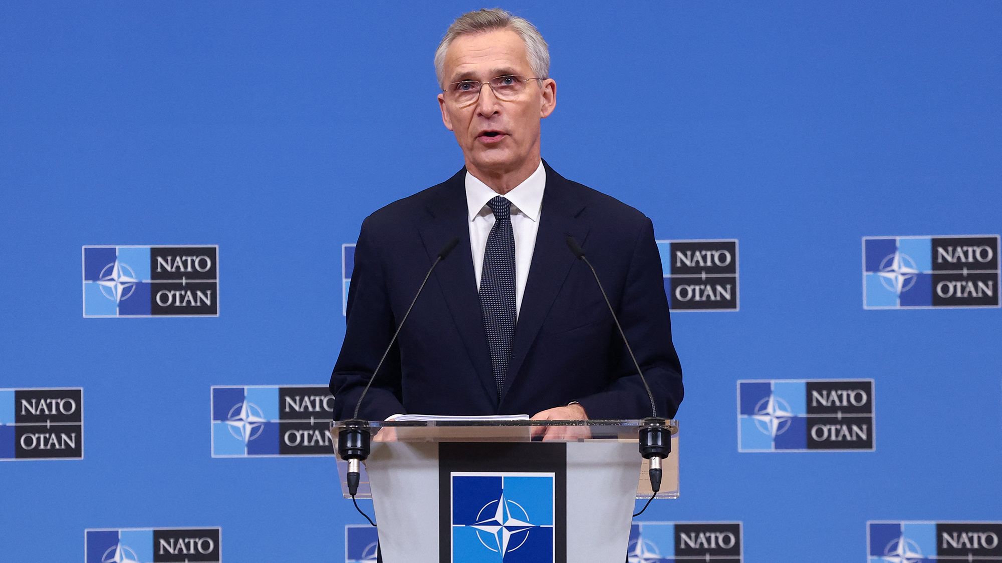 NATO Secretary-General Jens Stoltenberg is seen at a news conference on Wednesday ahead of the NATO Defense Ministers' meeting at the Alliance's headquarters in Brussels, Belgium.