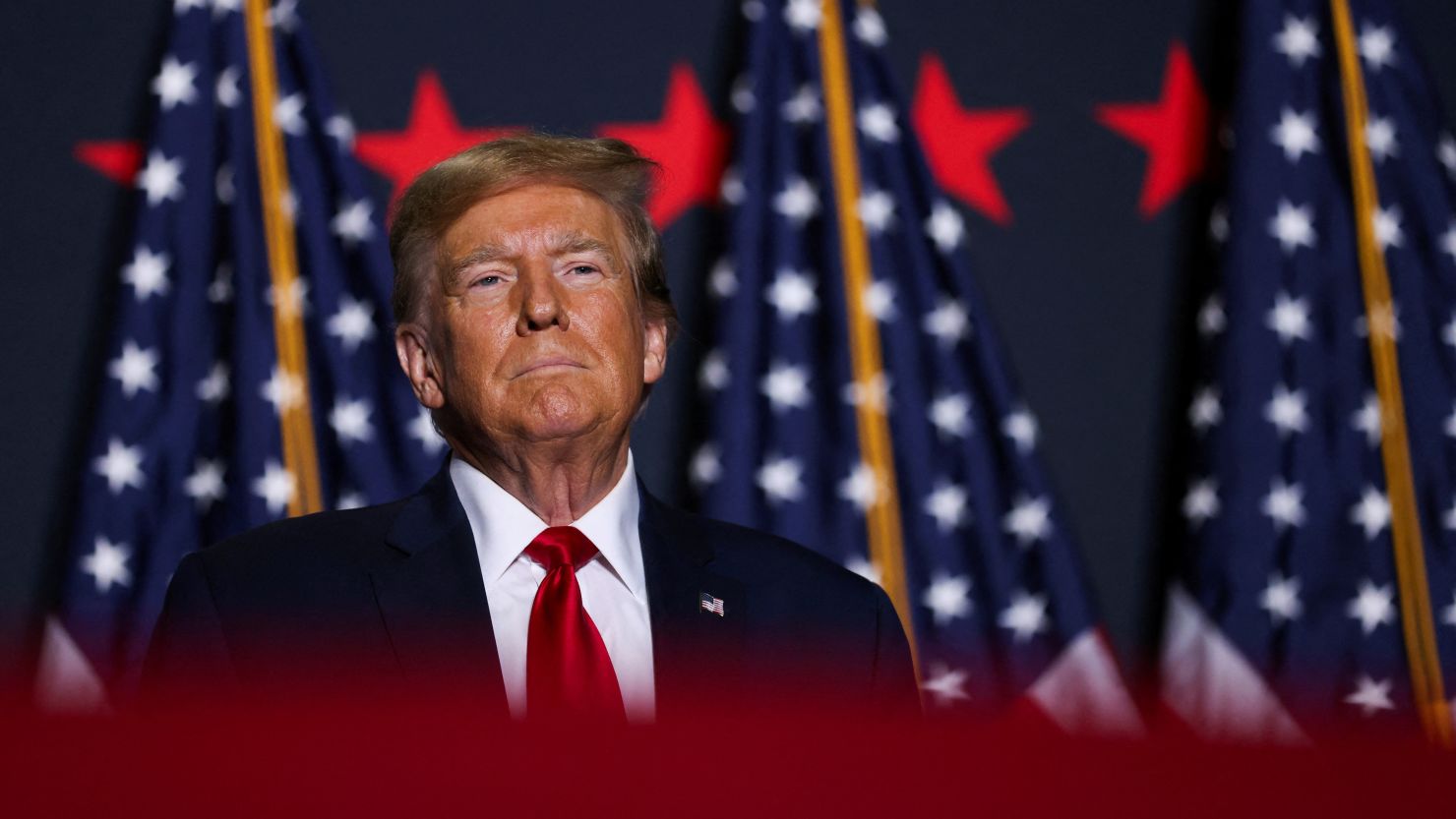 Republican presidential candidate and former President Donald Trump attends a campaign event ahead of the Republican presidential primary election in North Charleston, South Carolina, February 14, 2024.