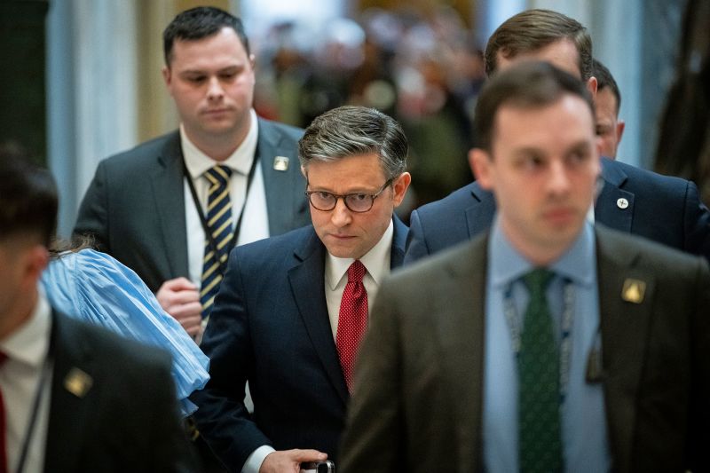 House Speaker Mike Johnson walks to the House Chamber during a House vote at the US Capitol in Washington, DC, on February 15.