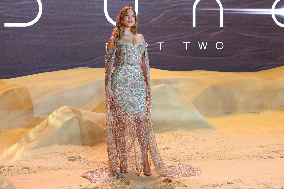 Lea Seydoux in an intricately-embroidered Louis Vuitton gown at the London premiere.