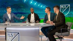Feb 15, 2024; New York, NY, USA; Kevin Egan presents with Bradley Wright-Phillips, Sacha Kljestan, and Andrew Wiebe at MLS Studios.