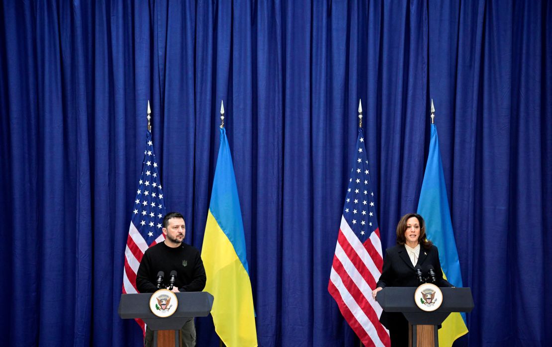 Ukrainian President Volodymyr Zelenskiy and  US Vice President Kamala Harris attend a news conference during the Munich Security Conference on February 17, 2024.