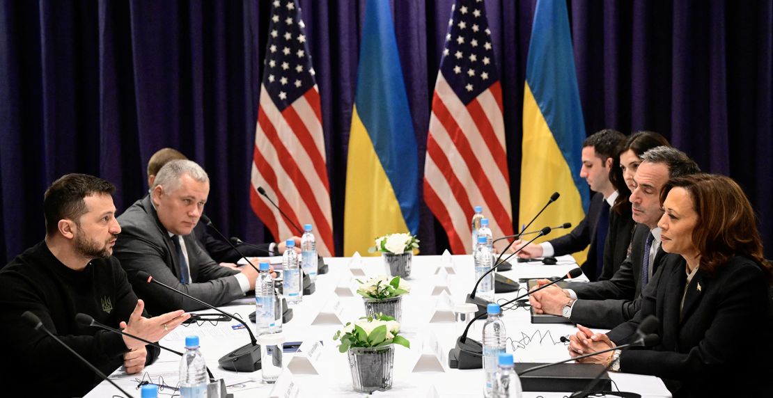 Ukrainian President Volodymyr Zelensky and US Vice President Kamala Harris, along with members of their delegations, meet for talks at the Munich Security Conference on February 17.