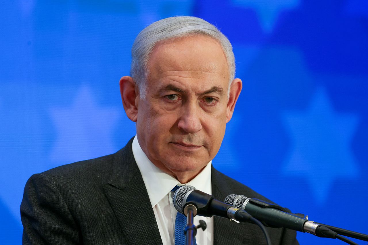 Israeli Prime Minister Benjamin Netanyahu addresses the Conference of Presidents of Major American Jewish Organizations in Jerusalem, on February 18.