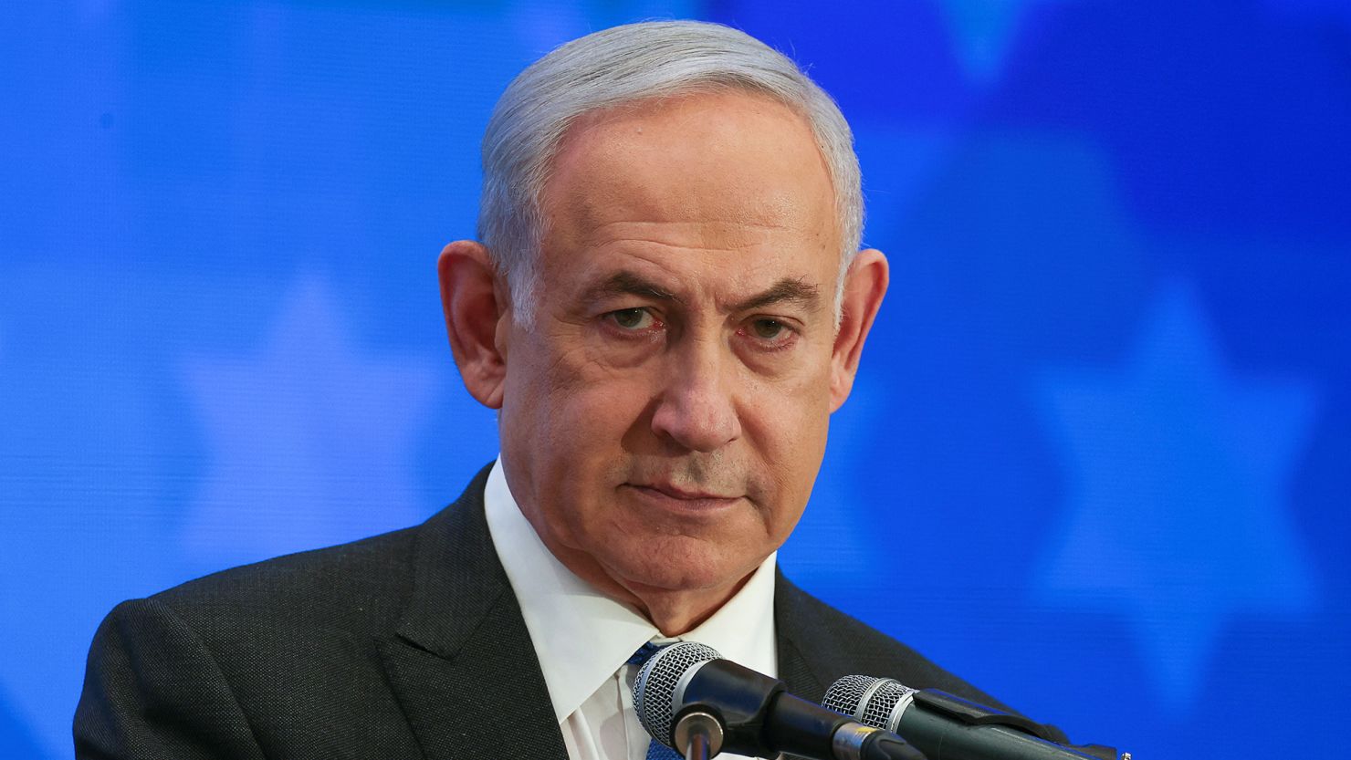 Israeli Prime Minister Benjamin Netanyahu addresses the Conference of Presidents of Major American Jewish Organizations, amid the ongoing conflict between Israel and the Palestinian Islamist group Hamas, in Jerusalem on February 18.