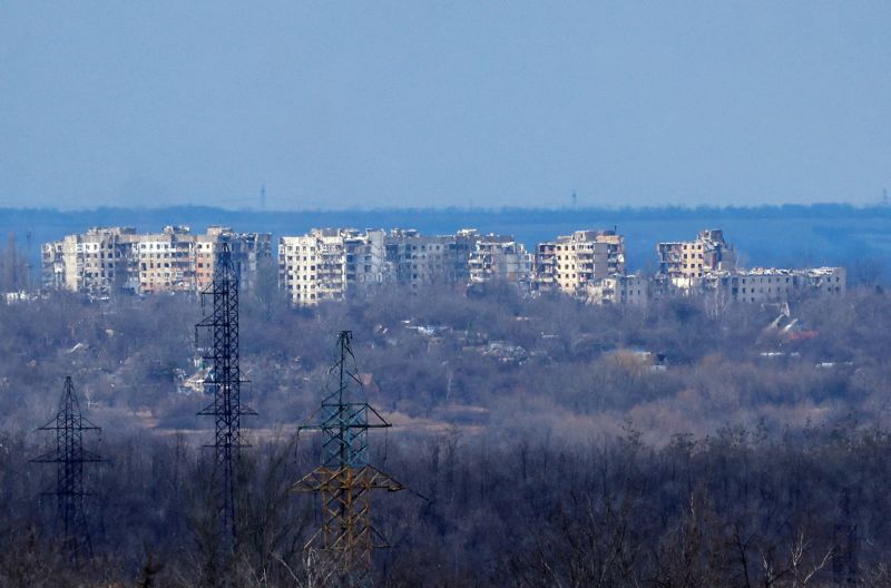 A view shows destroyed multi-storey residential buildings in the town of Avdiivka in the course of Russia-Ukraine conflict, as seen from Yasynuvata (Yasinovataya) in the Donetsk region, Russian-controlled Ukraine, February 19, 2024. REUTERS/Alexander Ermochenko