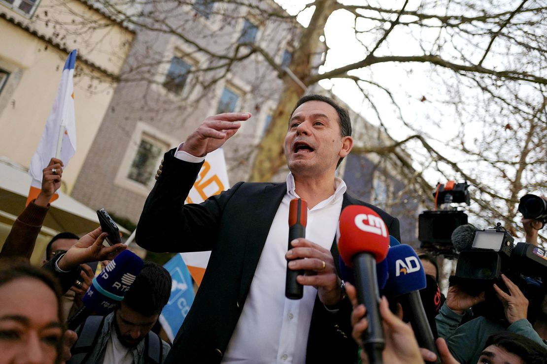 Social Democratic and Democratic Aliance leader Luis Montenegro speaks to supporters during a campaign rally ahead of the snap elections, in Lisbon, Portugal, on February 20.