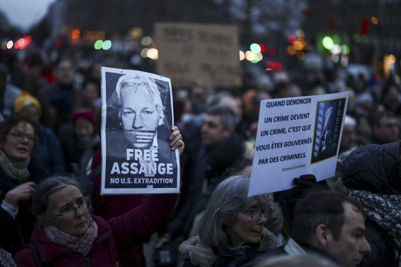 Demonstrators gather in support of WikiLeaks founder Julian Assange at the Place de la Republique in Paris, on the day Assange appeals in a British court against his extradition to the US, February 20, 2024.