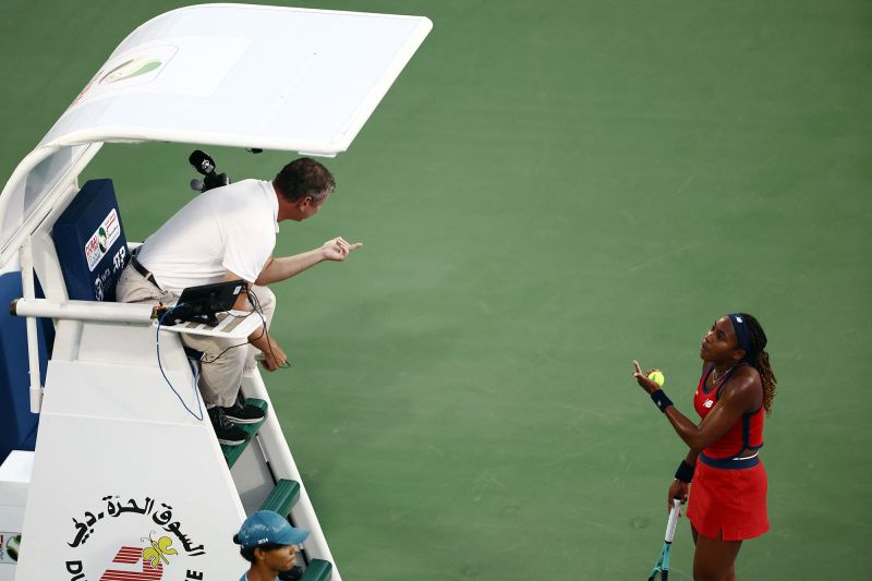 Gauff engages in a heated exchange with chair umpire Pierre Bacchi.