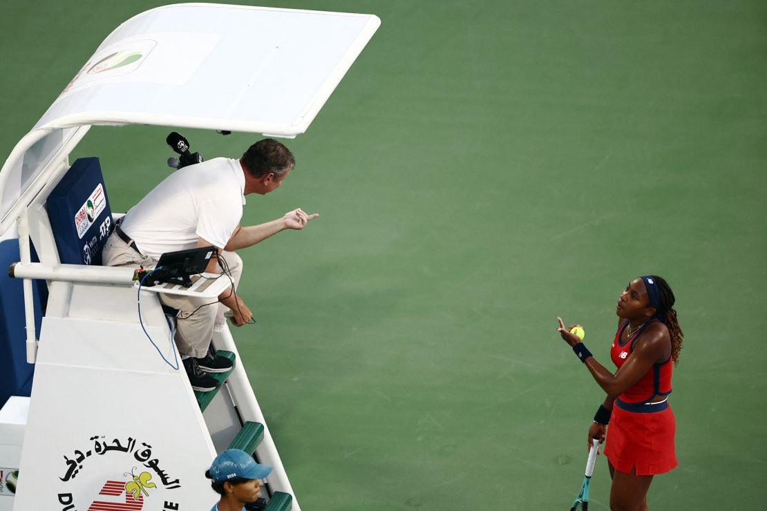 Gauff engages in a heated exchange with chair umpire Pierre Bacchi.