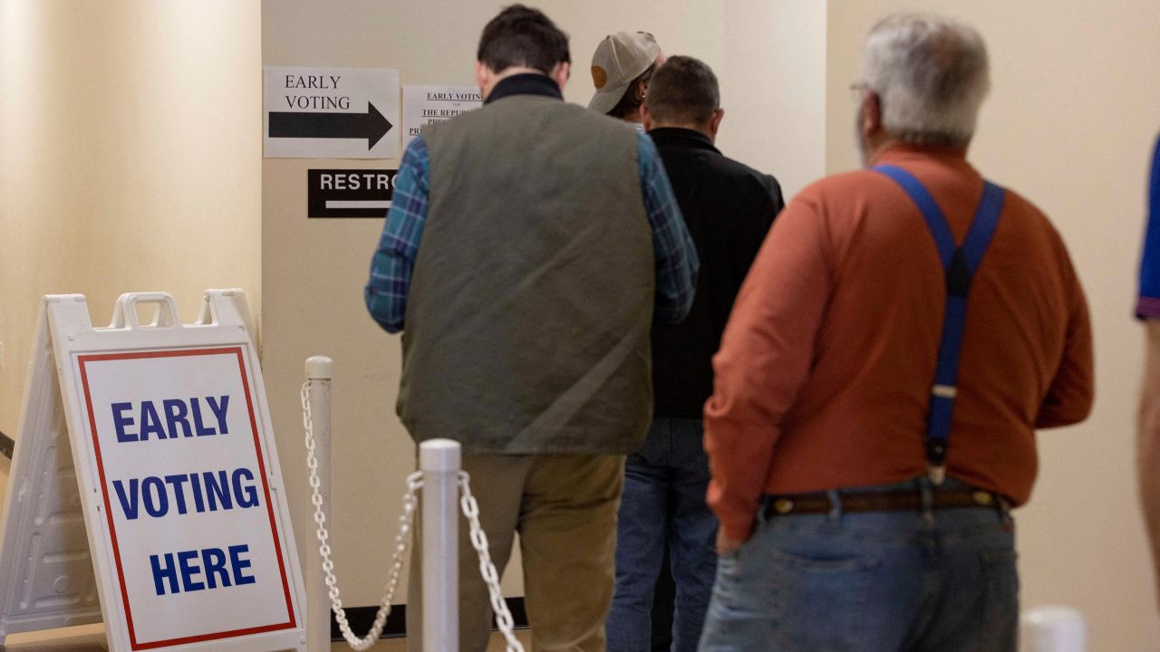 People wait in line to vote early in Lexington, South Carolina, on February 22, 2024.