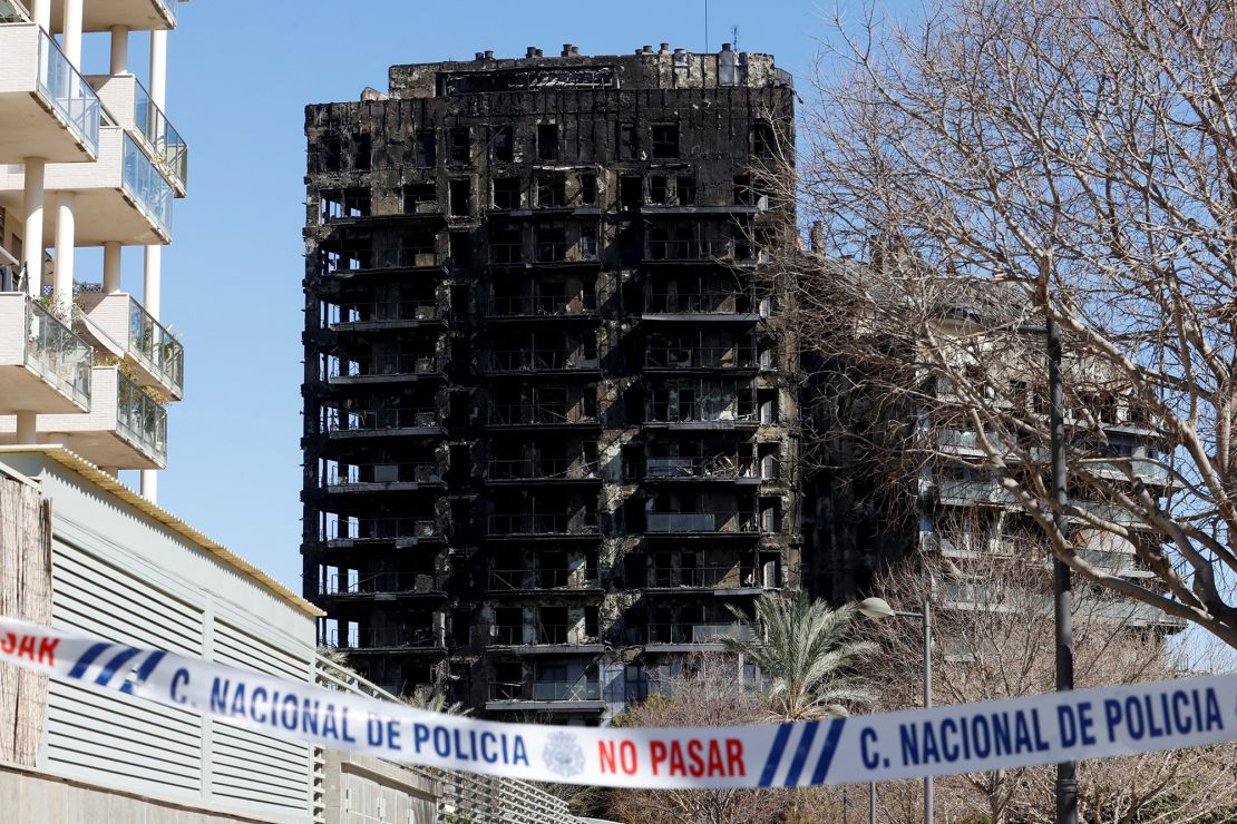 An apartment building where a fire occurred in Valencia, Spain, on February 23.