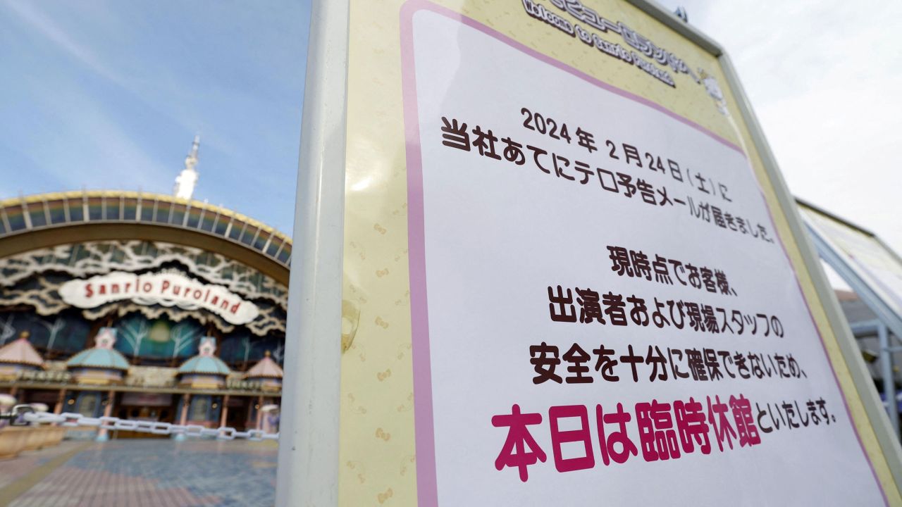 Notice of temporary closure is displayed at the entrance of the Sanrio Puroland, a theme park featuring the Hello Kitty characters in Tokyo, Japan February 24, 2024, in this photo taken by Kyodo. Kyodo/via REUTERS   ATTENTION EDITORS - THIS IMAGE HAS BEEN SUPPLIED BY A THIRD PARTY. MANDATORY CREDIT. JAPAN OUT. NO COMMERCIAL OR EDITORIAL SALES IN JAPAN.