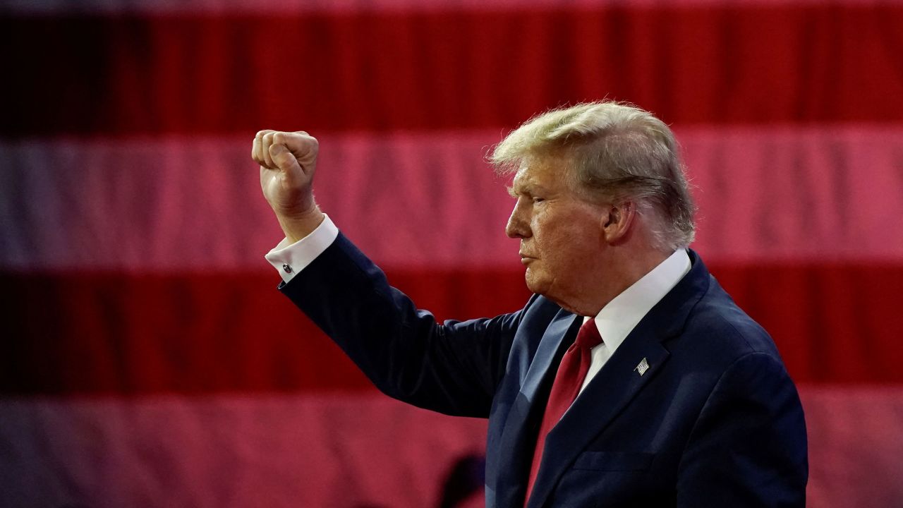 Former U.S. President and Republican presidential candidate Donald Trump gestures after addressing the Conservative Political Action Conference (CPAC) annual meeting in National Harbor, Maryland, U.S., February 24, 2024. REUTERS/