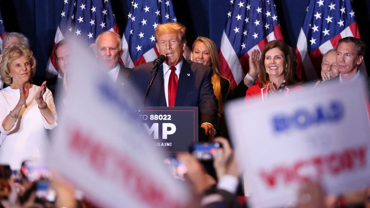 Former President Donald Trump hosts a presidential primary election night party in Columbia, South Carolina, on Saturday.