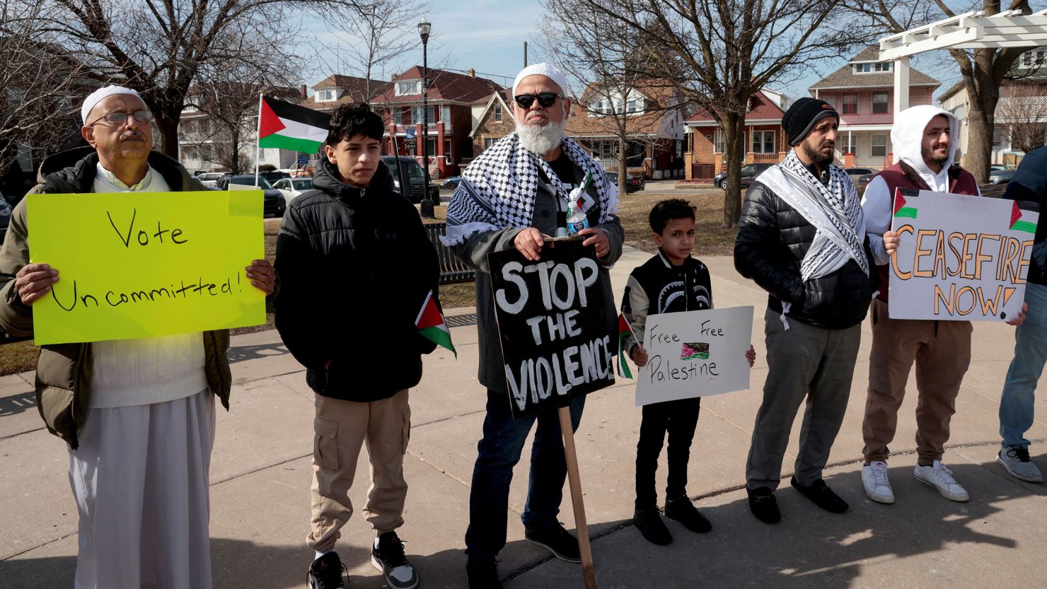 Supporters of the campaign to vote "Uncommitted" hold a rally in support of Palestinians in Gaza, ahead of Michigan's Democratic presidential primary election in Hamtramck, Michigan, on February 25, 2024.